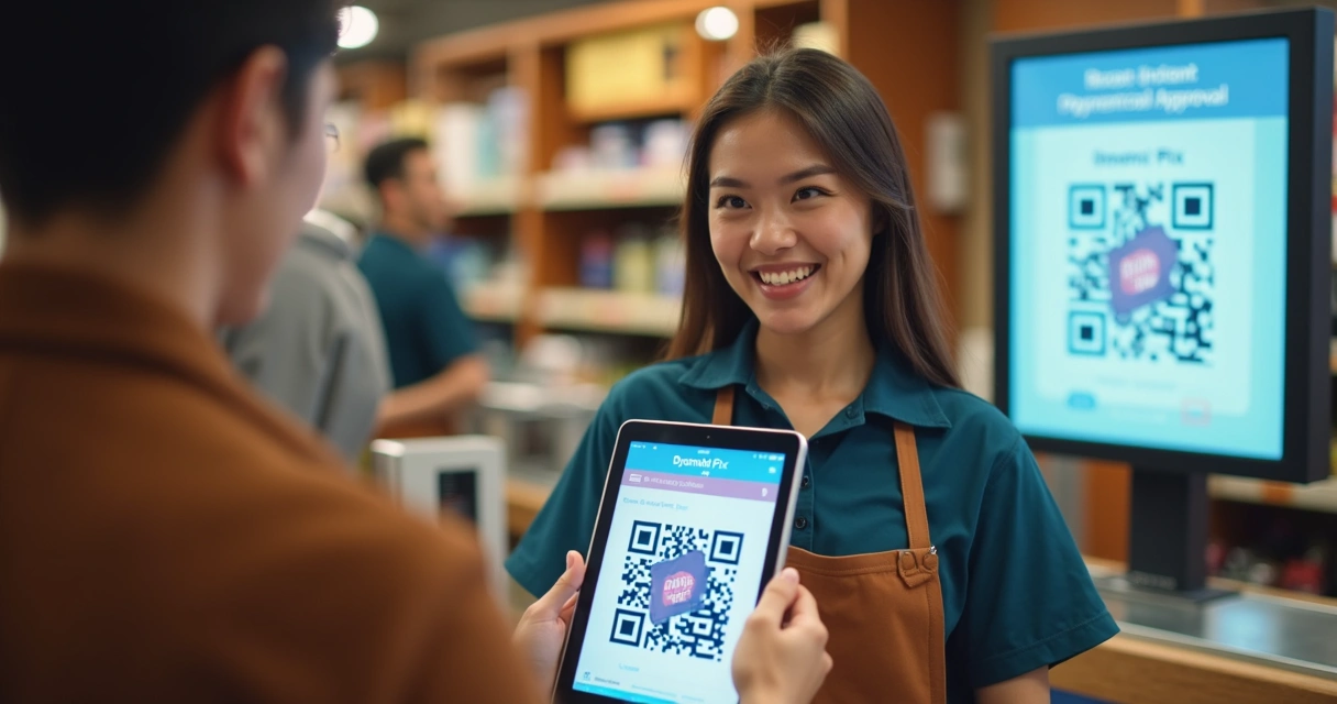 Atendente de loja mostrando QR Code dinâmico em tablet 