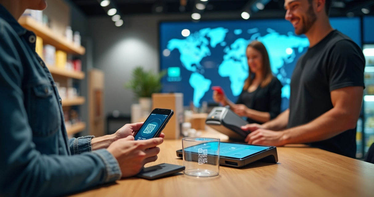 Cliente paga com QR code dinâmico em loja enquanto acompanha compra no celular 