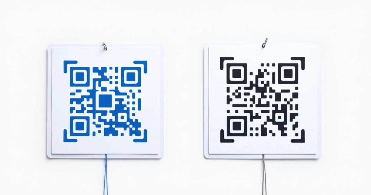 Ilustração corporativa de dois QR Codes, um dinâmico em azul com setas circulares e outro fixo em cinza, lado a lado sobre fundo branco com gráficos de respostas ao lado 