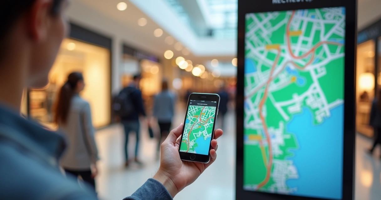 Pessoa usando QR Code do diretório no celular em shopping center 