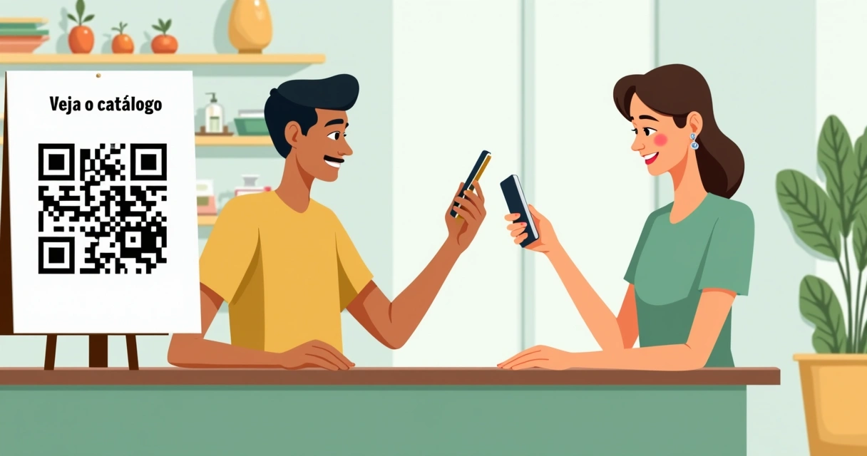 Vitrine com cartaz exibindo QR code do catálogo 