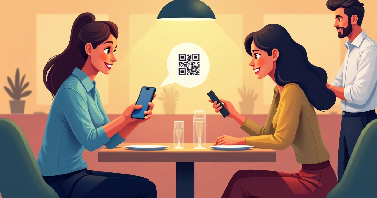 Pessoa escaneando um QR code em uma mesa de restaurante 