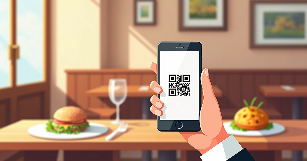 Pessoa usando smartphone para escanear QR code em mesa de restaurante para deixar feedback 
