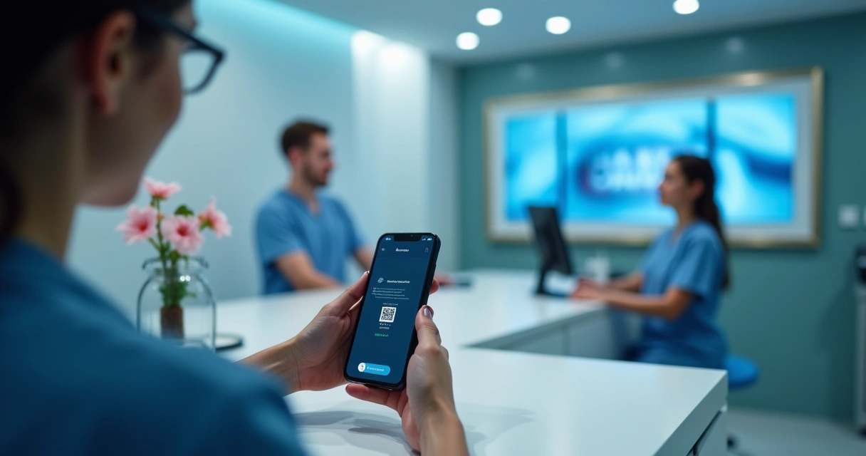 Paciente usando QR Code de indicação em clínica