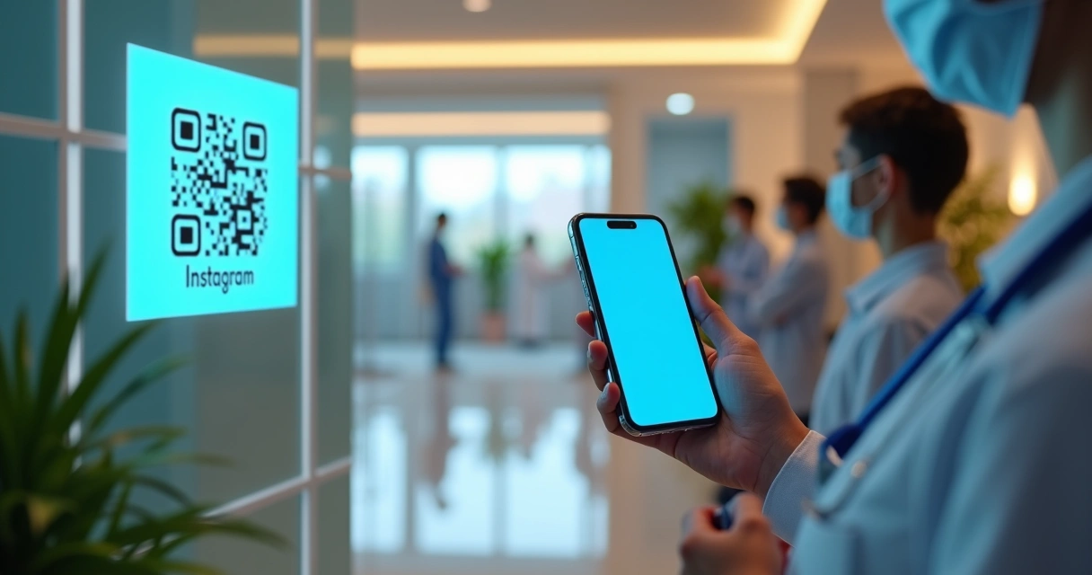 Display de QR code para Instagram em uma recepção de clínica