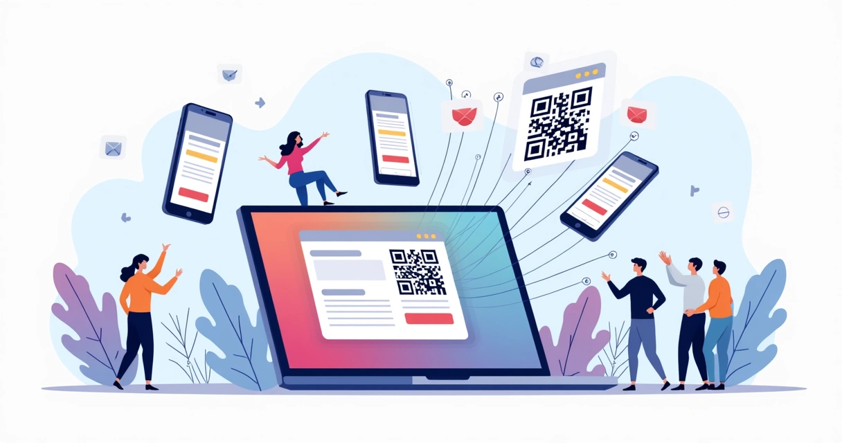 Ilustração de landing page com QR code gerando novos leads 