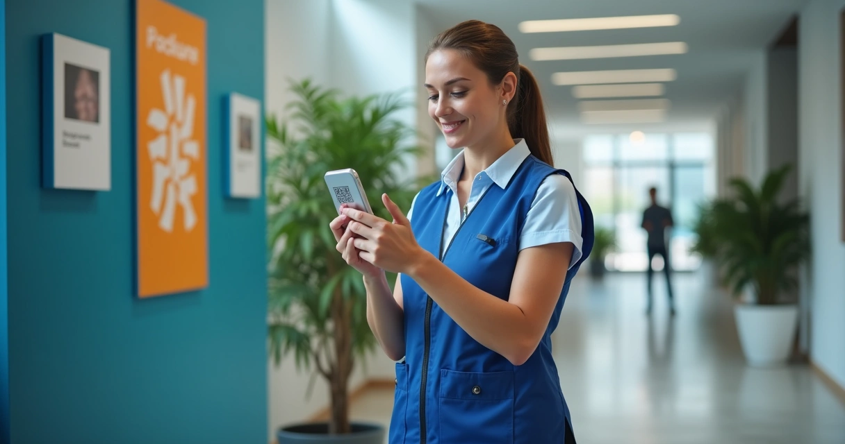 Funcionário usando QR Code em ambiente corporativo para abrir chamado de manutenção