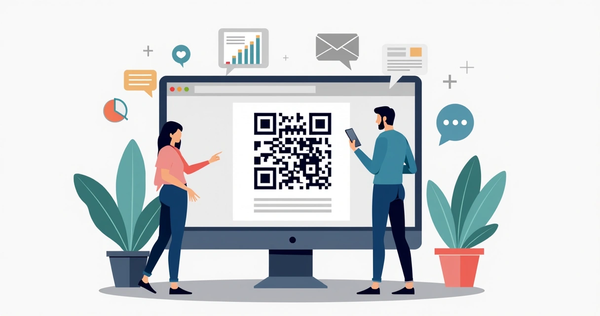 Pessoas analisando QR Code em uma landing page exibida em tela de computador 