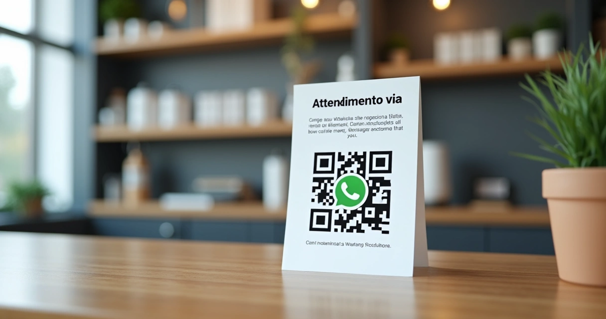QR Code em balcão com instruções para atendimento no WhatsApp 