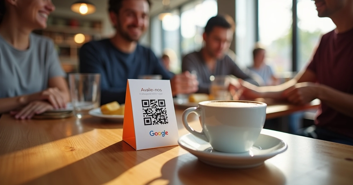 Cartão de mesa de restaurante com QR code para avaliação Google 
