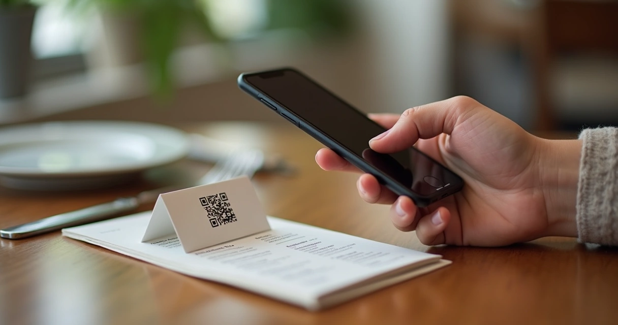 Cliente escaneando QR Code da mesa em restaurante com celular para acessar cardápio 