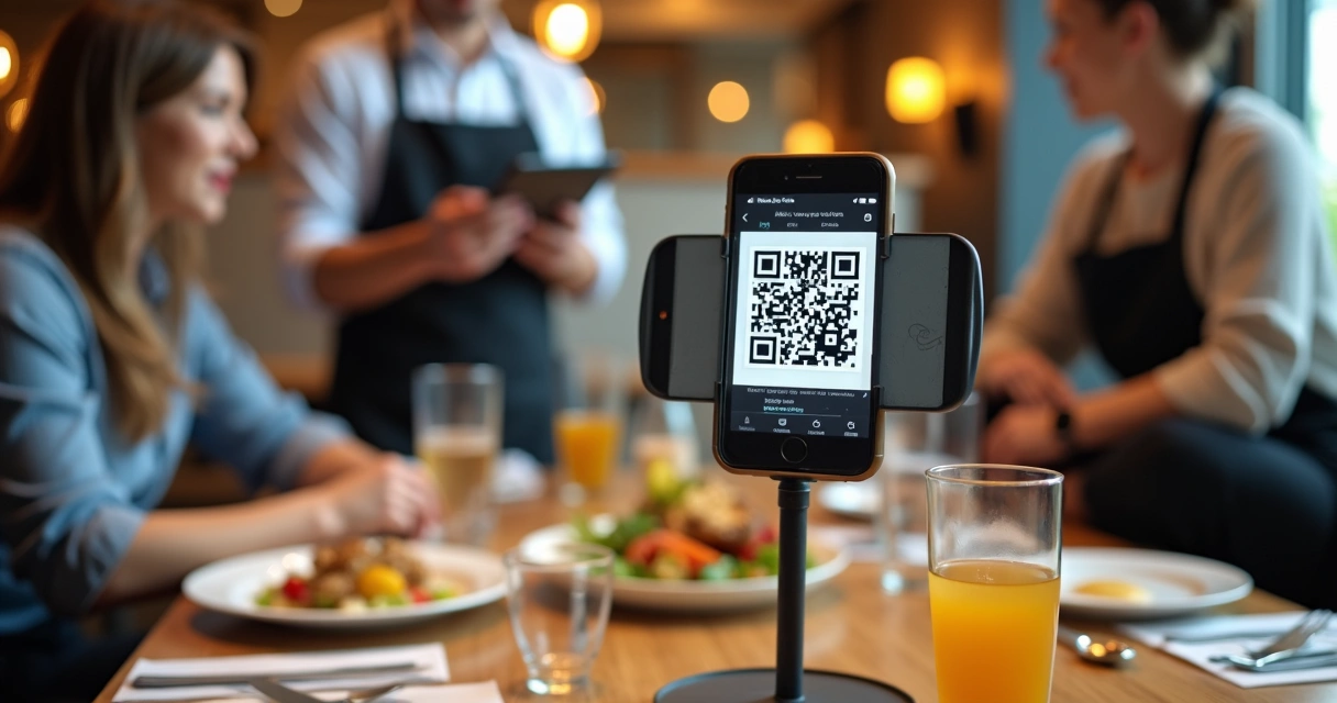 Pessoa pagando conta em restaurante com QR Code do PIX na mesa 