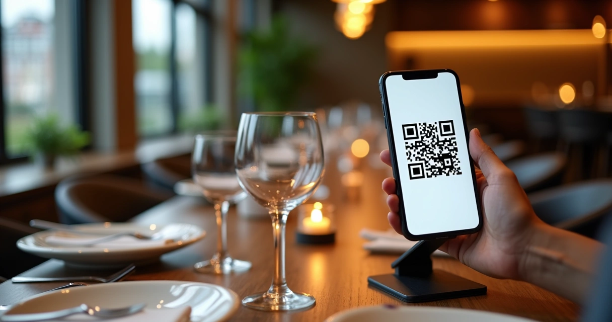 QR Code visível sobre mesa de restaurante moderna 
