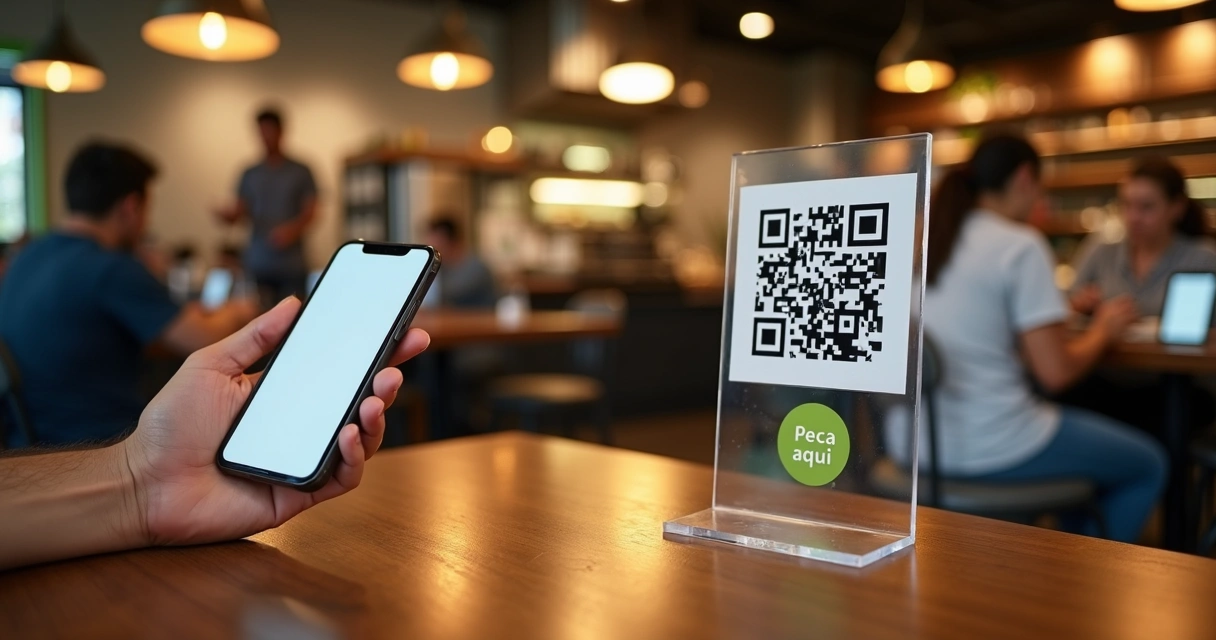 Cliente em mesa de restaurante escaneando QR code para fazer pedido no horário de pico 