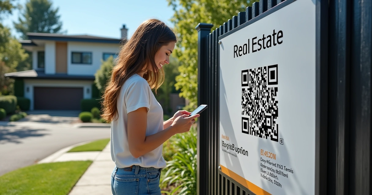 Pessoa escaneando QR Code em placa de imóvel 