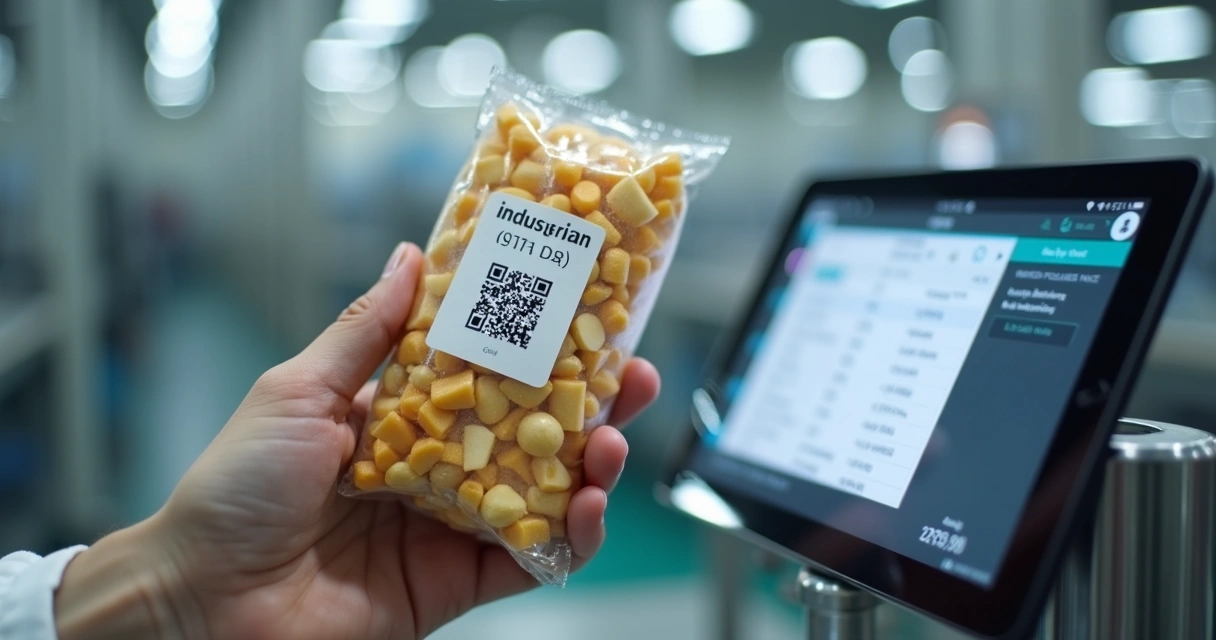 Mão de gerente segurando produto com QR Code industrial 
