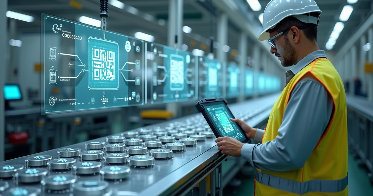 Funcionário de indústria escaneando QR code em esteira com produtos 