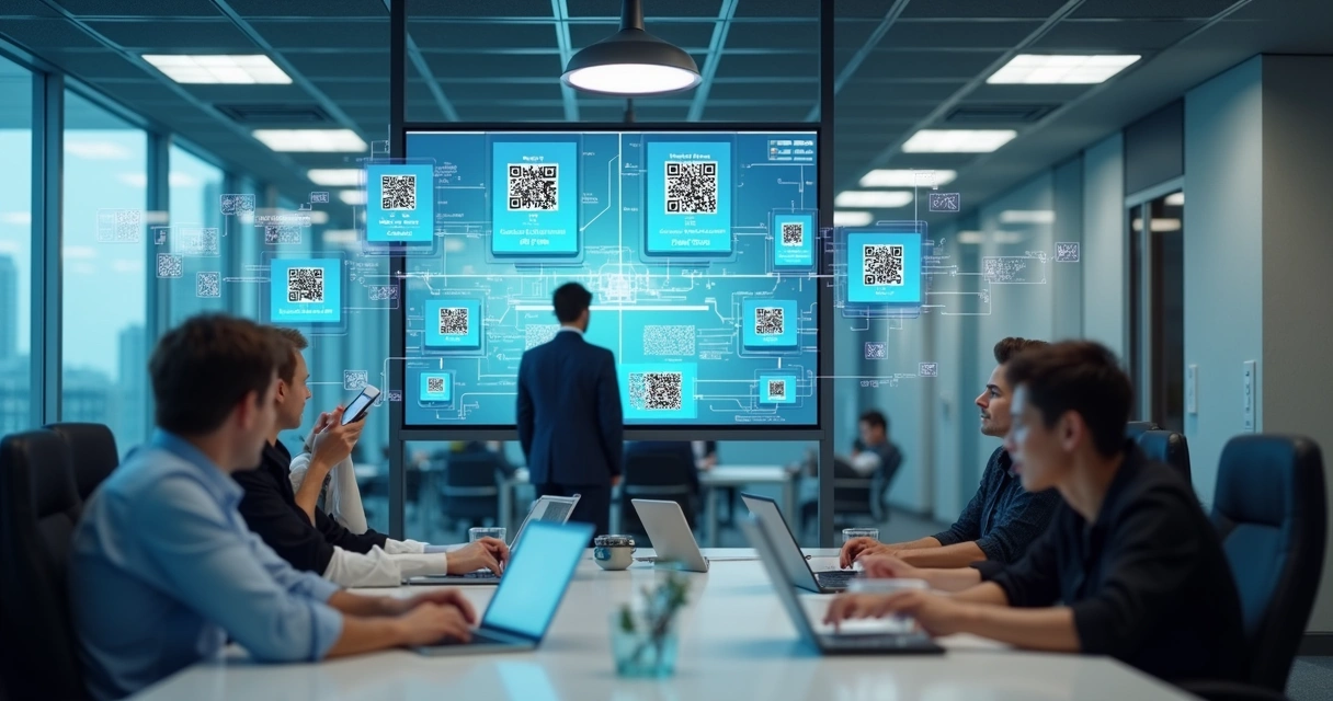 Gestor checando painéis de QR Codes em diferentes setores de uma empresa 