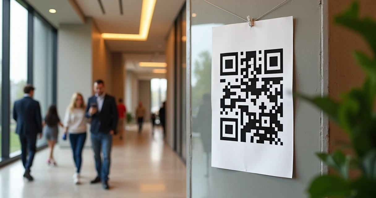 Aviso em área comum de condomínio com QR code visível na parede 