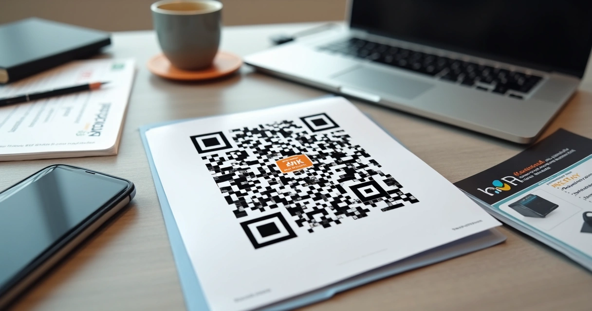 QR Code de catálogo digital em flyer sobre mesa de escritório 