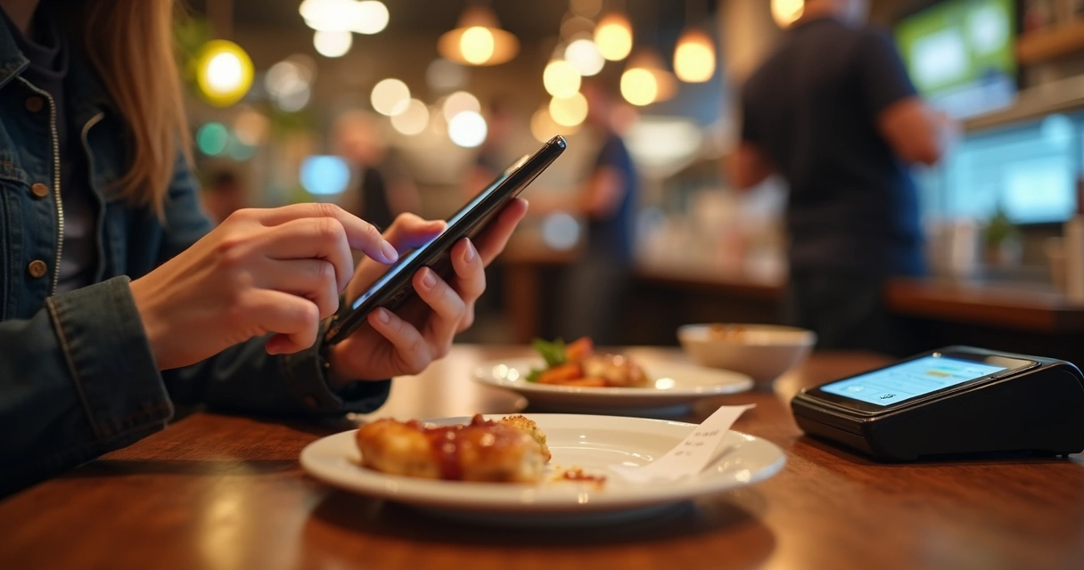 Pessoa usando celular para pagar conta de restaurante com QR Code Pix.