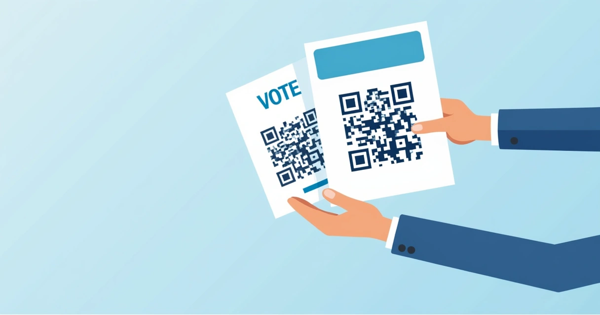 Panfleto de campanha eleitoral com QR Code e ícones de redes sociais, mãos entregando a um eleitor 