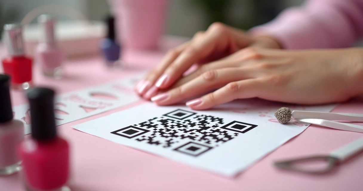 Adesivo com QRCode em mesa de salão de unhas 