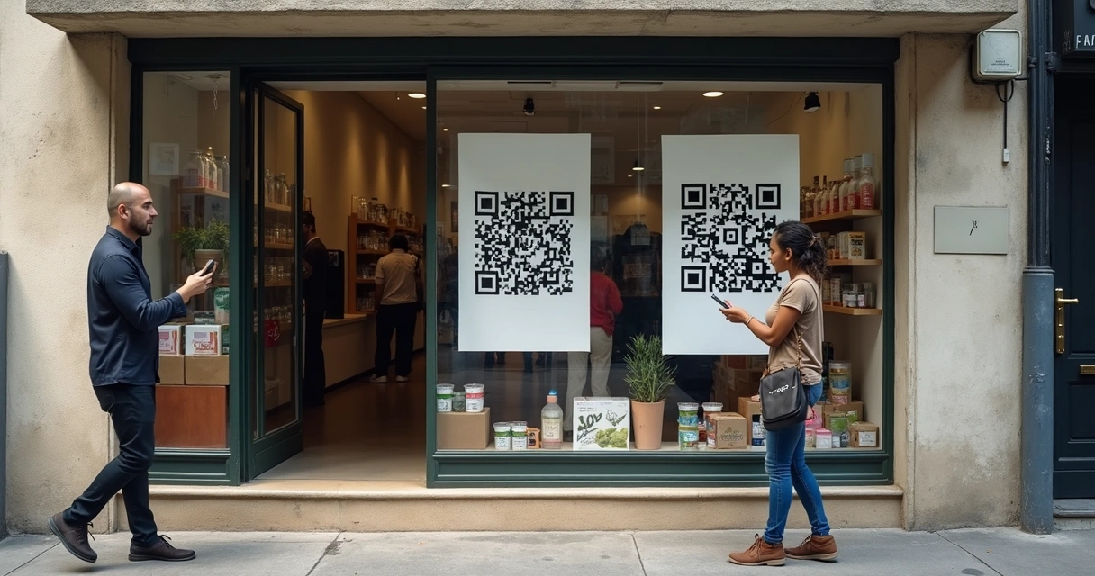 Cartaz com QR code levando para catálogo digital em vitrine 