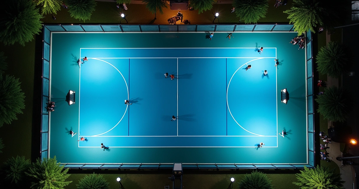 Vista aérea de quadra esportiva iluminada à noite, com luz uniforme nas áreas de jogo 