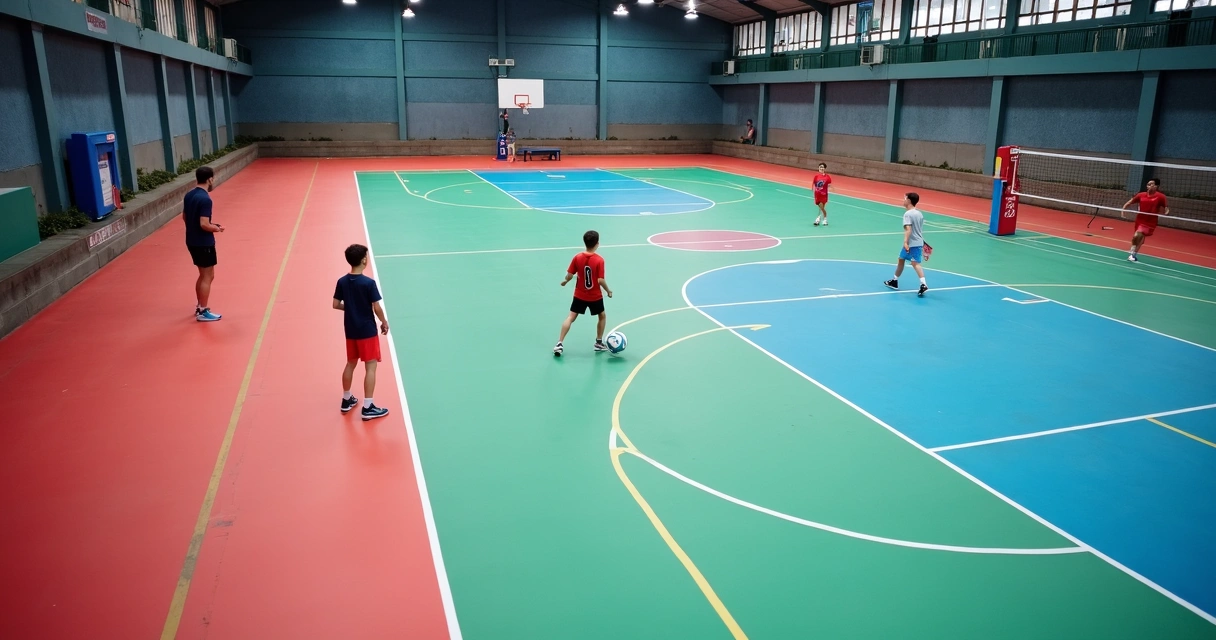 Quadra esportiva interna com piso emborrachado colorido e marcações esportivas 