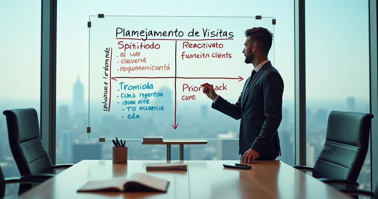 Vendedor planejando visitas usando quadrante de prospecção em quadro de vidro 