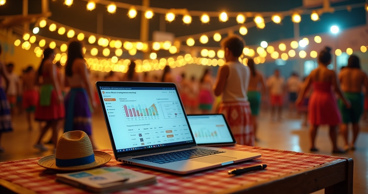 Quadrilha de festa junina escolar ao fundo com painel digital de vendas de ingressos à frente 