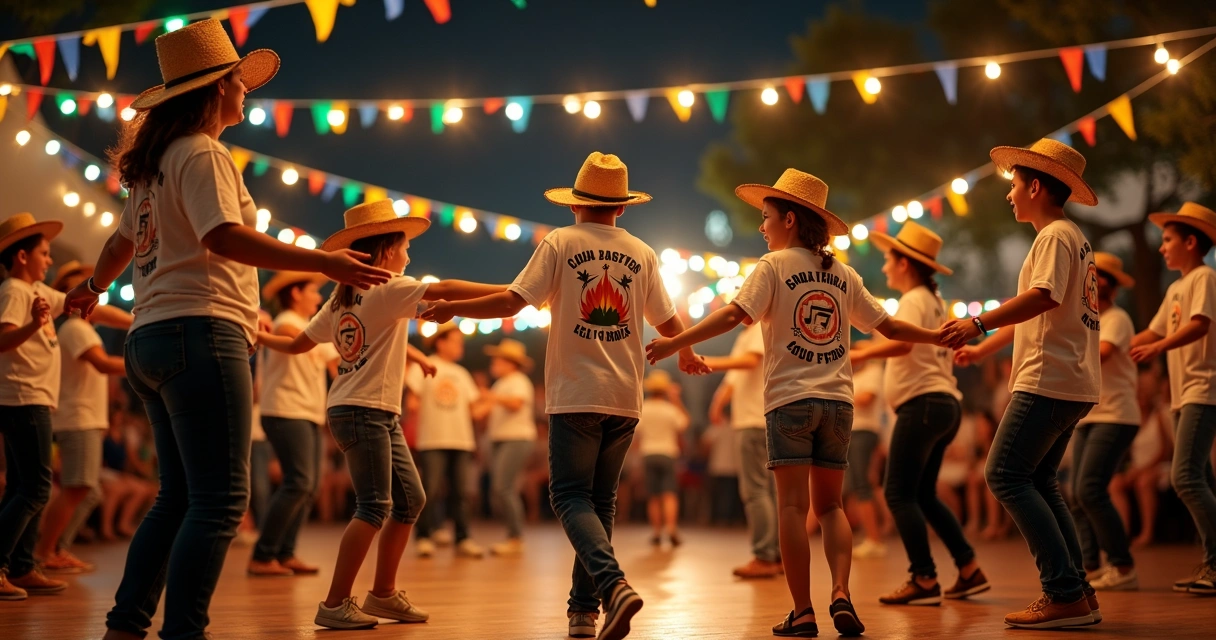 Grupo dançando quadrilha à noite usando camisetas personalizadas coloridas 