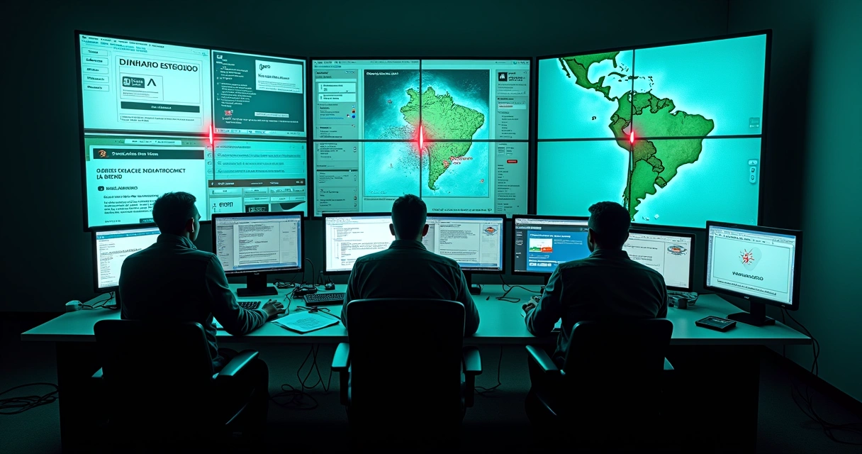 Grupo em sala escura controlando vários golpes digitais em monitores 