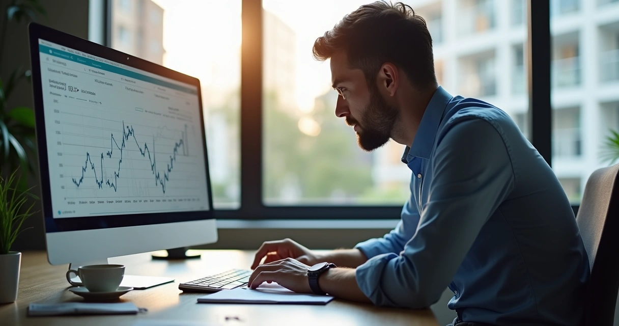 Computador com gráfico de conversão em queda na tela e empresário analisando dados 