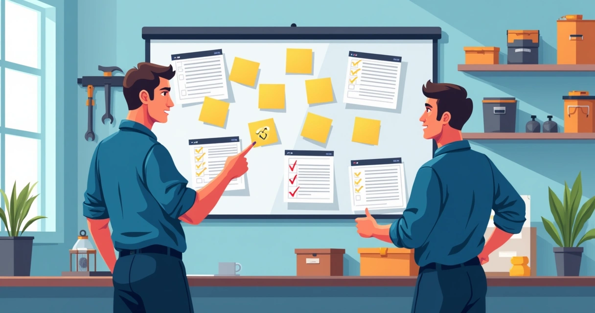 Técnicos olhando quadro de avisos em assistência. 