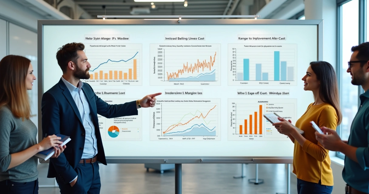 Quadro branco com gráficos mostrando redução de custos, tempo e erros após IA 