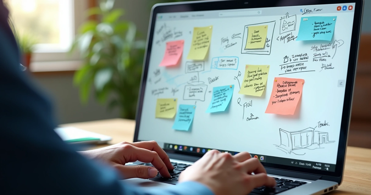 Quadro digital colaborativo com anotacoes feitas em tempo real durante reunião virtual