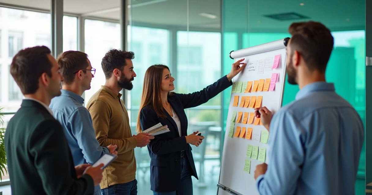 Equipe em volta de quadro branco escrevendo opiniões em reunião. 