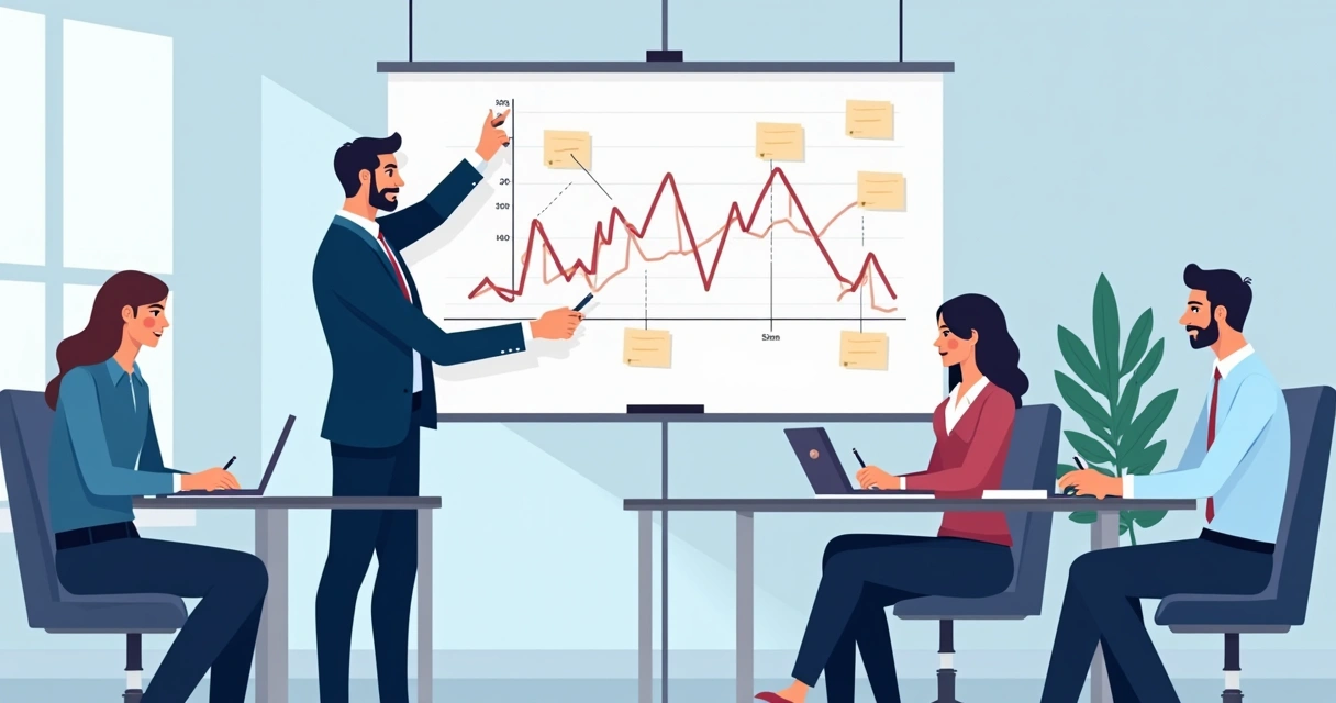 Líder explicando funil de vendas em quadro branco para equipe atenta