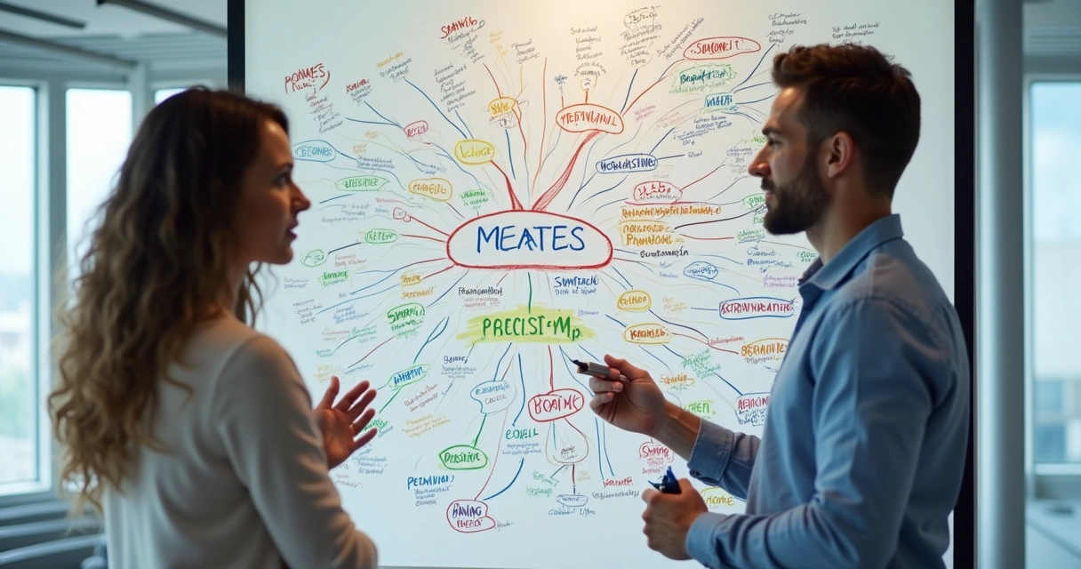 Mentor e mentorado desenhando juntos em quadro branco com mapa mental
