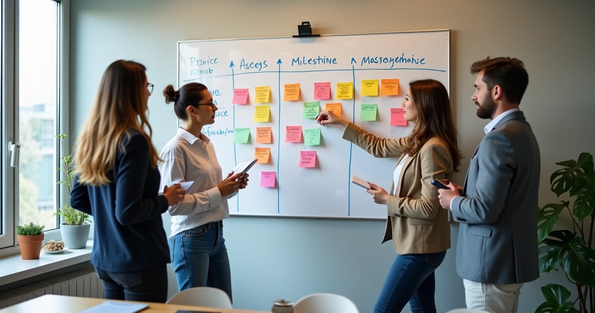 Equipe analisando quadro branco com fluxograma de projeto