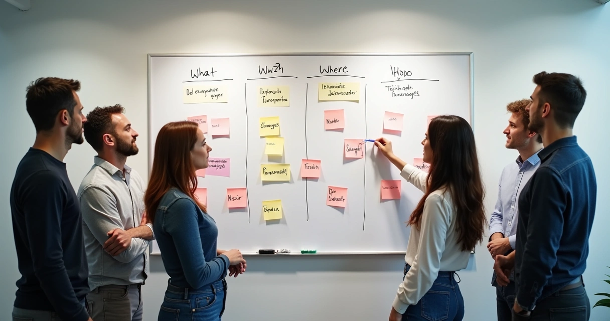 Equipe usando quadro branco para organizar 5W2H em reunião 