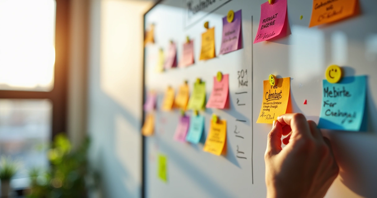 Quadro branco com post-its coloridos celebrando conquistas de equipe