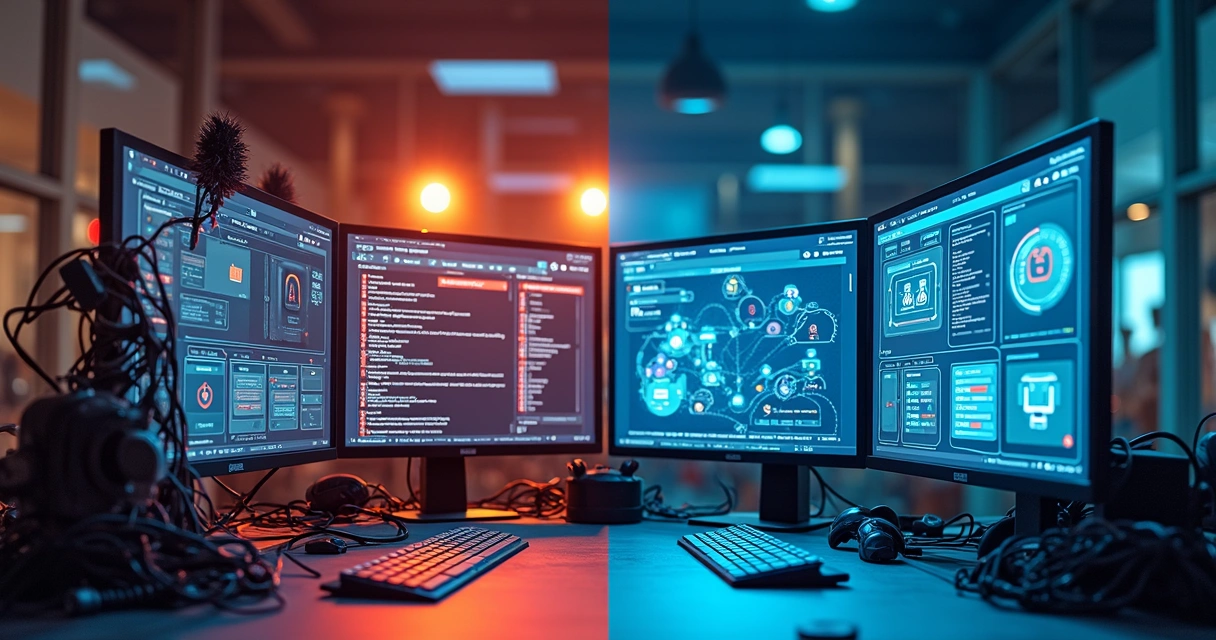 Quadro comparativo entre ferramenta improvisada e solução profissional em eventos, com ícones de segurança, escalabilidade e suporte 