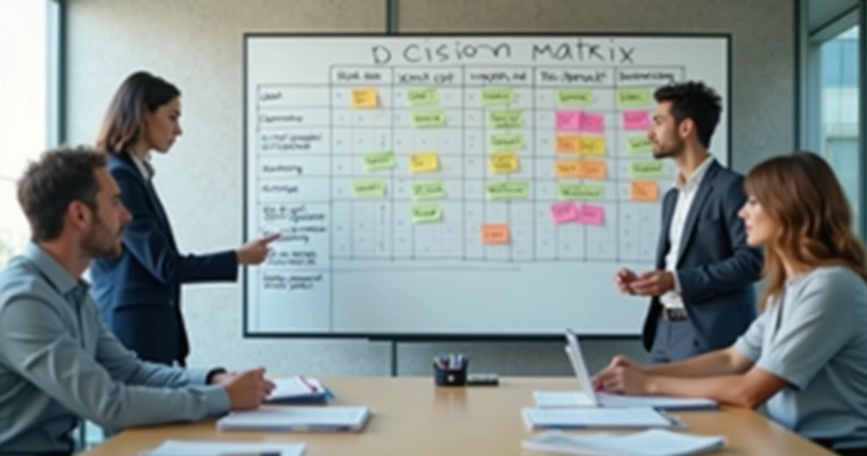 Quadro com critérios de decisão e equipe em discussão