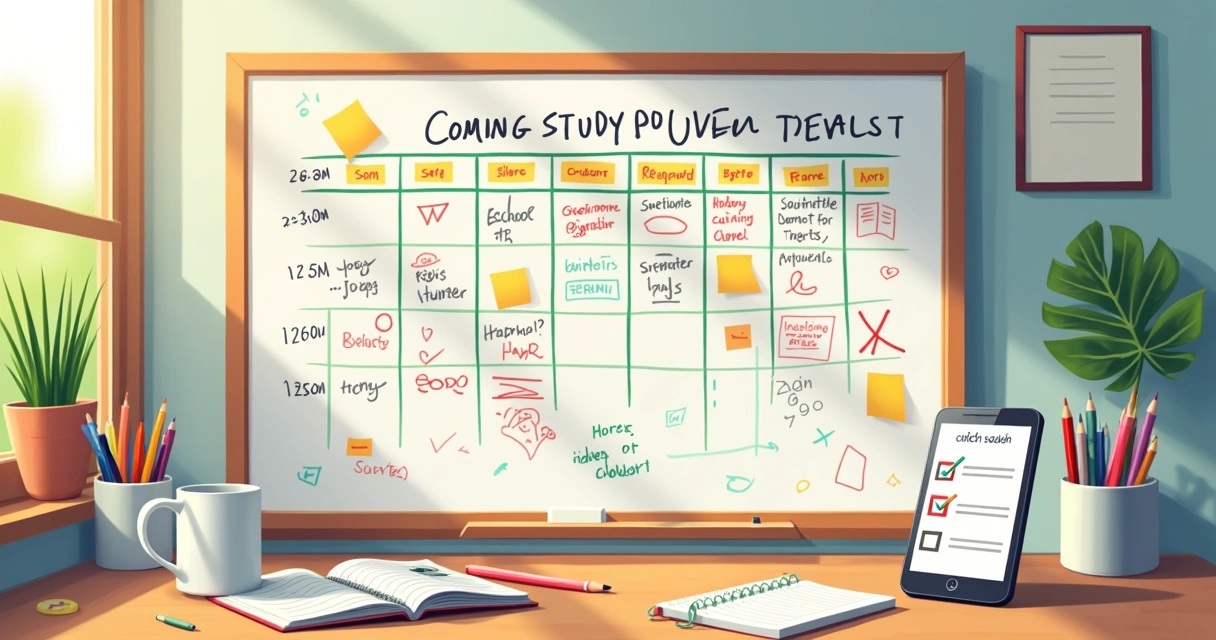 Quadro branco com cronograma de estudos colorido e canetas.