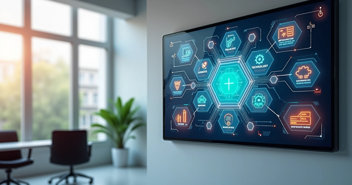 Painel colorido com áreas de curso técnico EAD conectadas por ícones digitais 