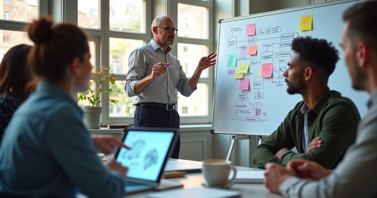 Quadro branco com anotações e post-its de planejamento de produto digital