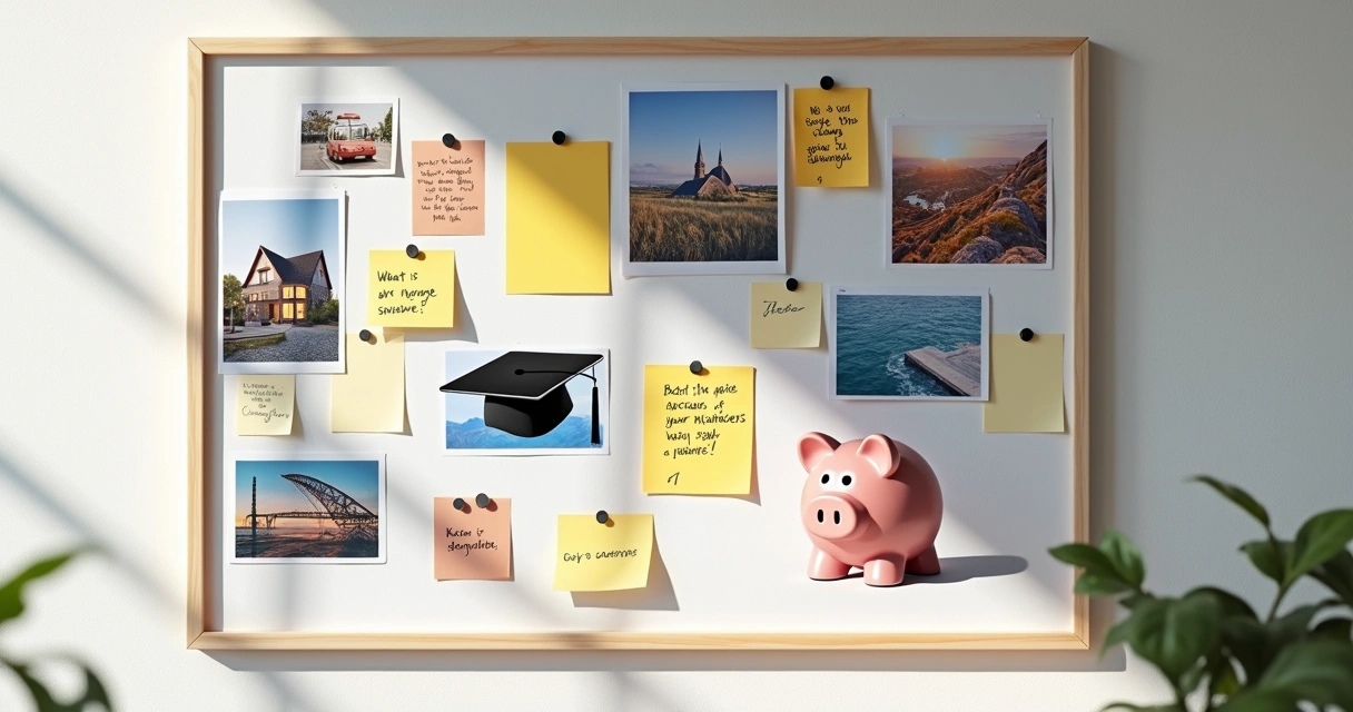 Quadro de visualização com fotos e figuras de objetivos financeiros como casa, viagem e cofrinho em uma parede branca. 